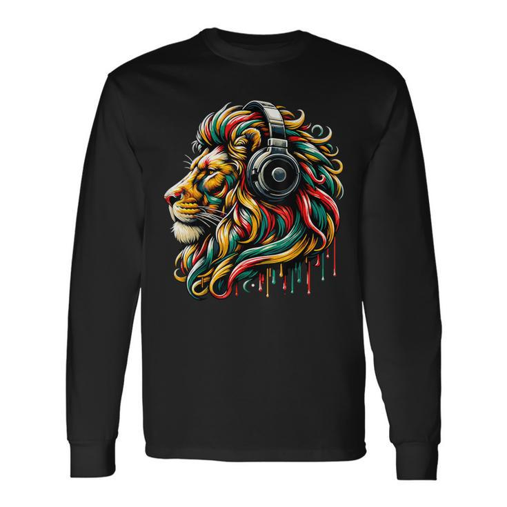 Rasta Reggae Music Headphones Jamaican Lion Of Judah Long Sleeve T-Shirt
