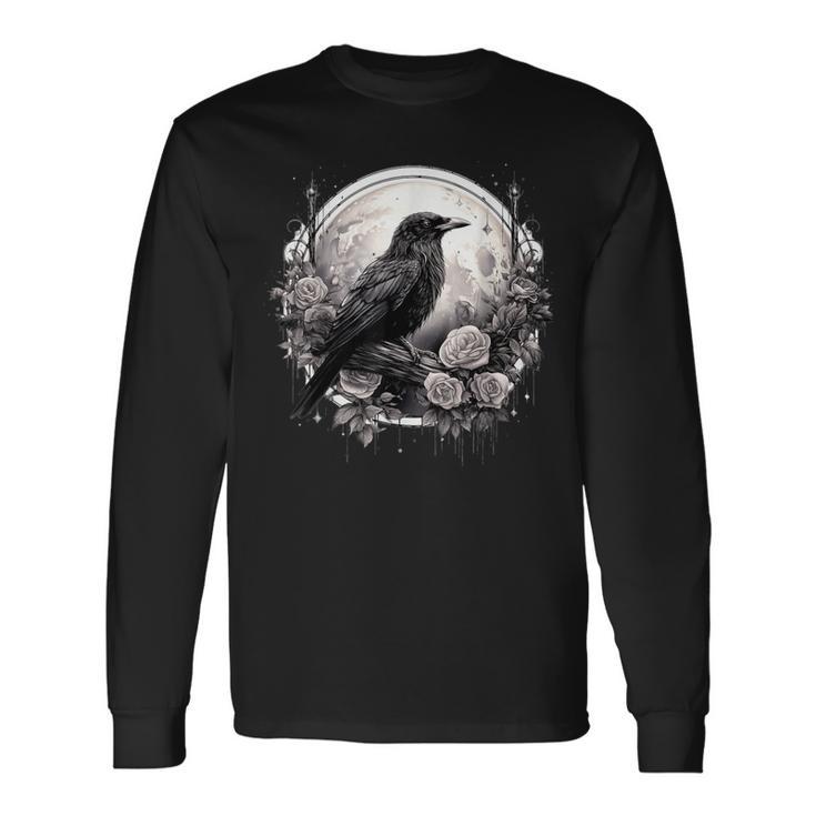 Raven Full Moon Gothic Witchy Crow Roses Mystical Long Sleeve T-Shirt Gifts ideas