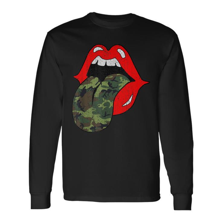 Red Lips Camo Tongue Retro Vintage Trendy Camouflage Long Sleeve T-Shirt