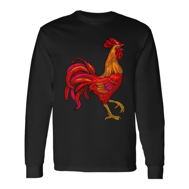 Red Rooster Vintage Retro Farmer Cock Bird Rooster Long Sleeve T-Shirt
