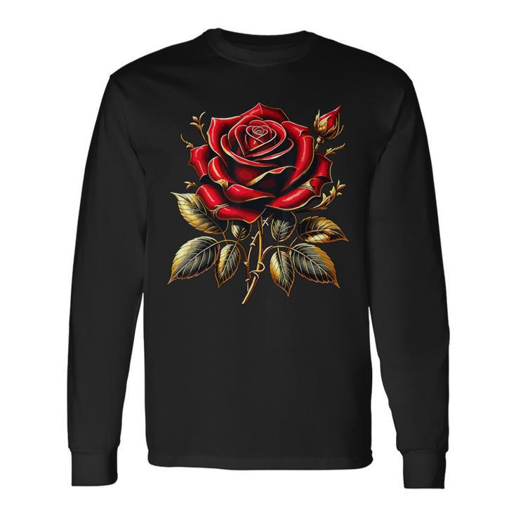 Red Rose Red And Gold Long Sleeve T-Shirt