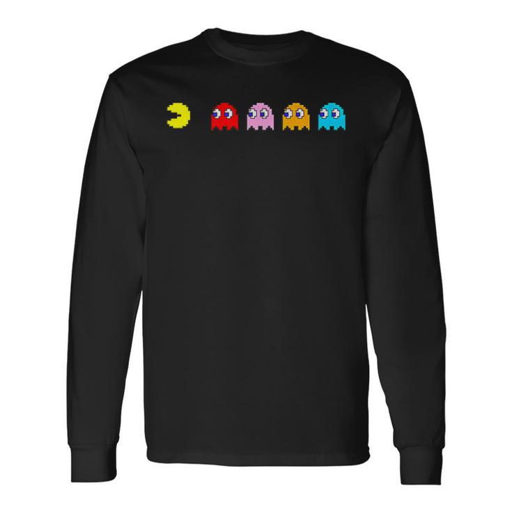 Retro Arcade-Spiel Charakter Langarmshirts, Nostalgisches Gamer Schwarz Tee Geschenkideen