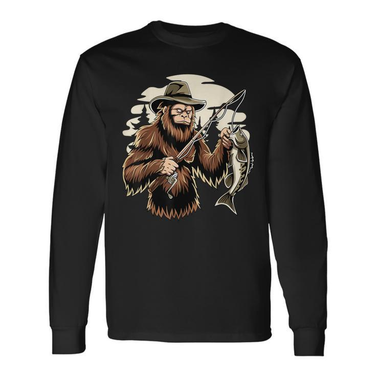 Retro Bigfoot Sasquatch Fishing Bassquatch Fisherman Long Sleeve T-Shirt