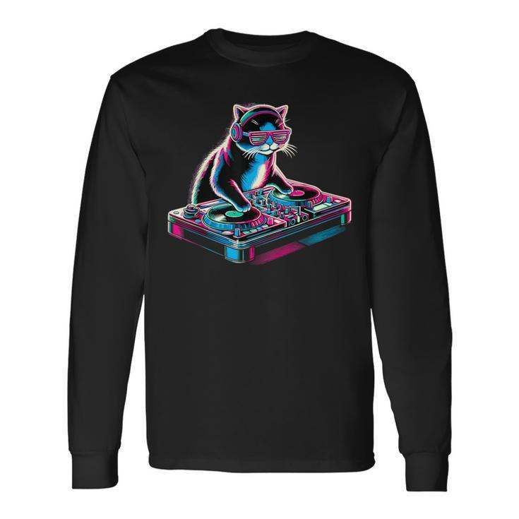 Retro Cat Dj Disco Party Music Cat Long Sleeve T-Shirt