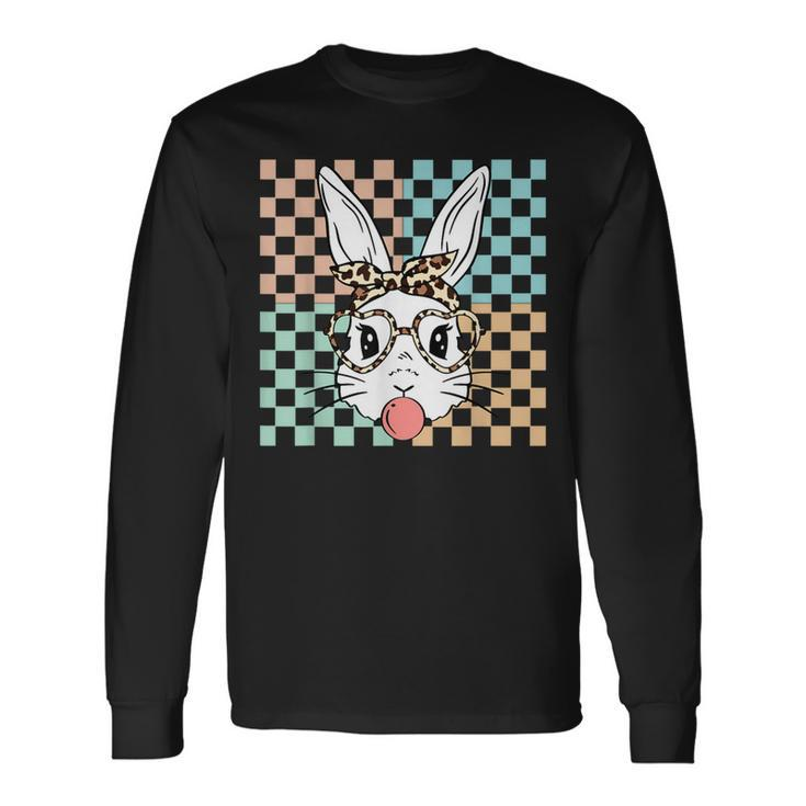 Retro Checkered Bunny Rabbit Face Bubblegum Happy Easter Long Sleeve T-Shirt