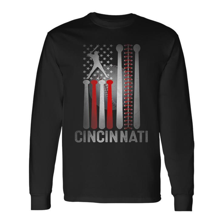 Retro Cincinnati American Flag Distressed Baseball Fans Long Sleeve T-Shirt