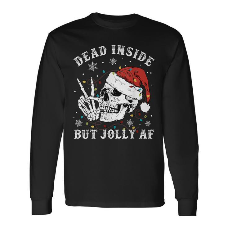 Retro Dead Inside But Jolly Af Skeleton Christmas Lights Long Sleeve T-Shirt