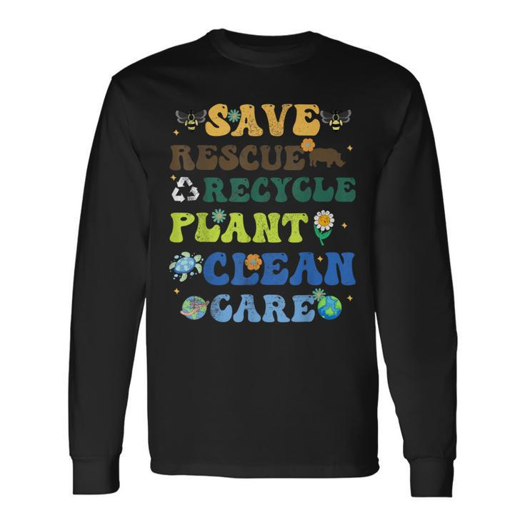 Retro Earth Day Save Bees Rescue Animals Recycle Plastics Long Sleeve T-Shirt