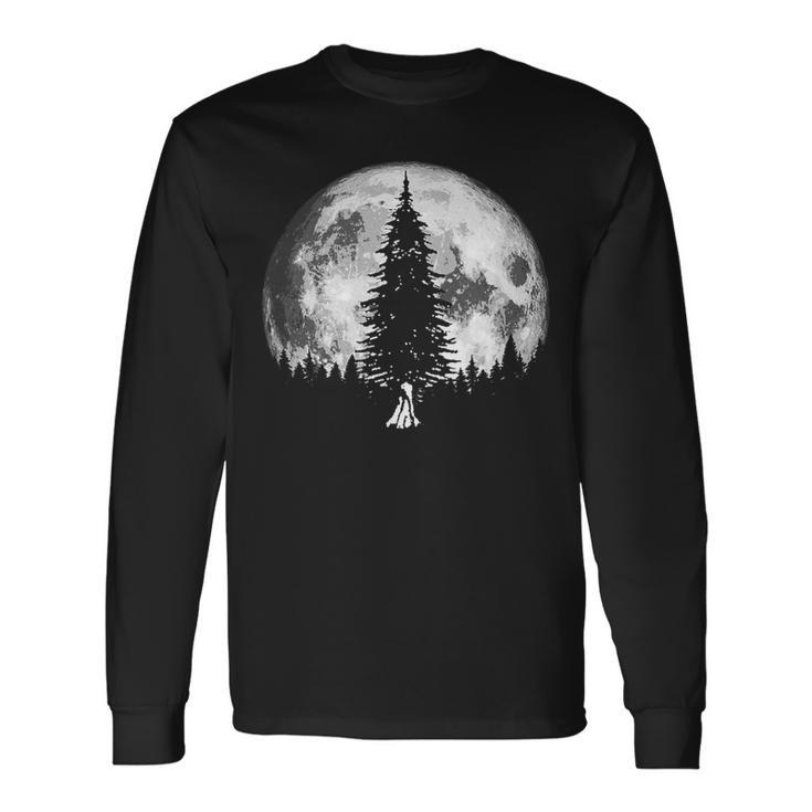 Retro Full Moon & Minimalist Pine Tree Vintage Graphic Long Sleeve T-Shirt