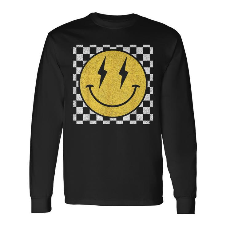 Retro Happy Face Distressed Checkered Pattern Smile Face Long Sleeve T-Shirt Gifts ideas