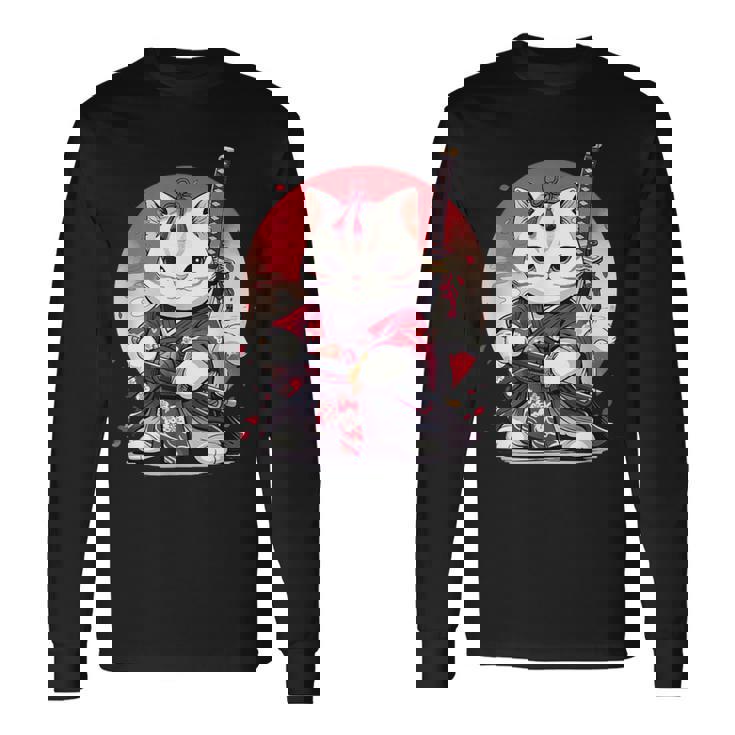 Retro Japonés Gato Samurai Tatuaje Gráfico Ninja Kawaii Camiseta de manga larga Ideas de regalos