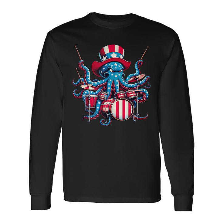 Retro Octopus Playing Drums Retro Musician Drumming Band Long Sleeve T-Shirt