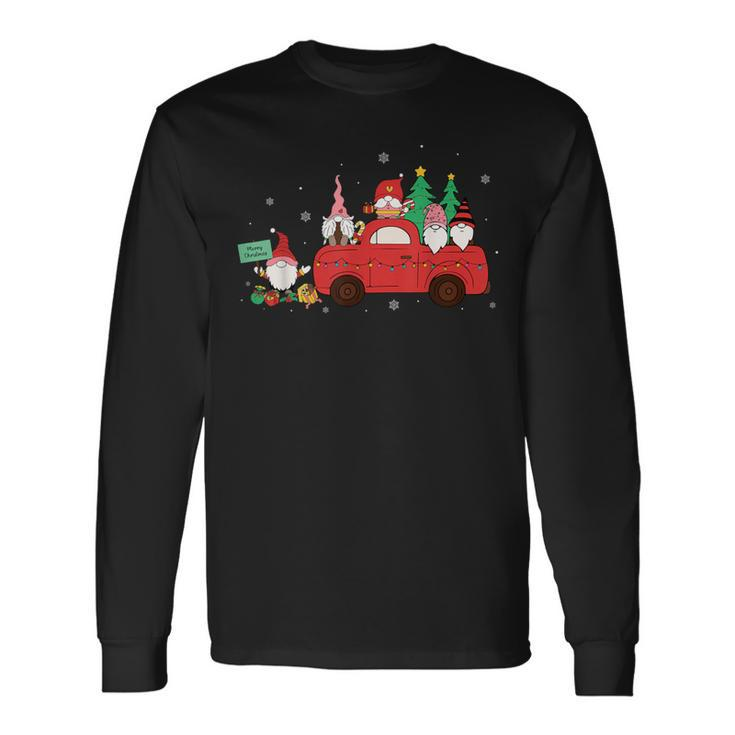 Retro Red Truck Christmas Tree With Gnome Gnomies Farming Long Sleeve T-Shirt