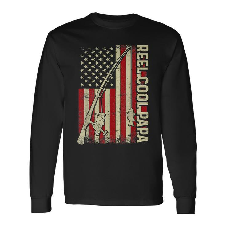 Retro Reel Cool Papa American Flag Fishing Fathers Day Dad Long Sleeve T-Shirt Gifts ideas