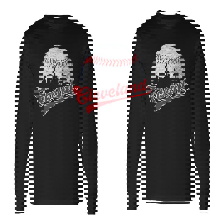 Retro Skyline Cleveland Baseball Long Sleeve T-Shirt Seseable UK