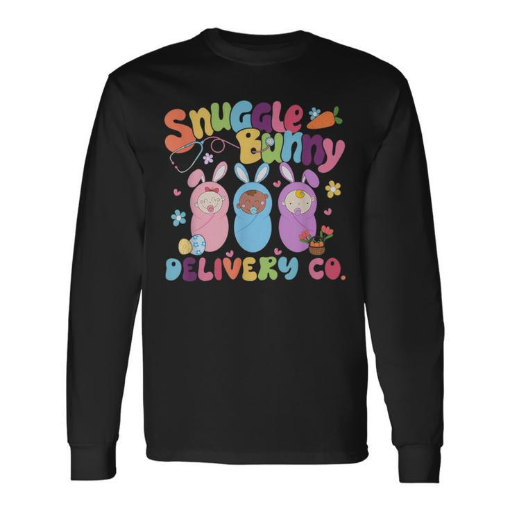 Retro Snuggle Bunny Delivery Easter Labor And Delivery Nurse Long Sleeve T-Shirt