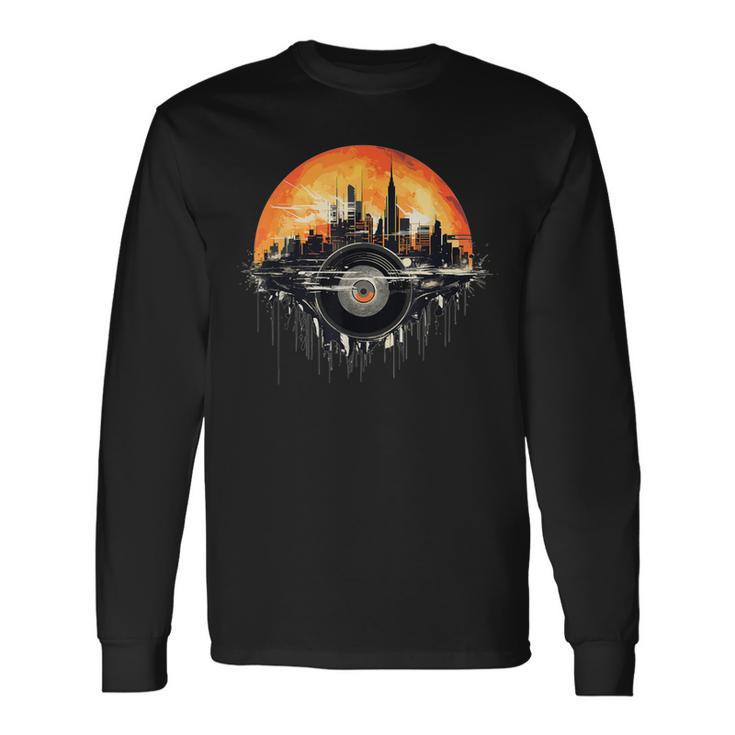 Retro Vinyl Cityscape Mashup In Beautiful Sunset Long Sleeve T-Shirt