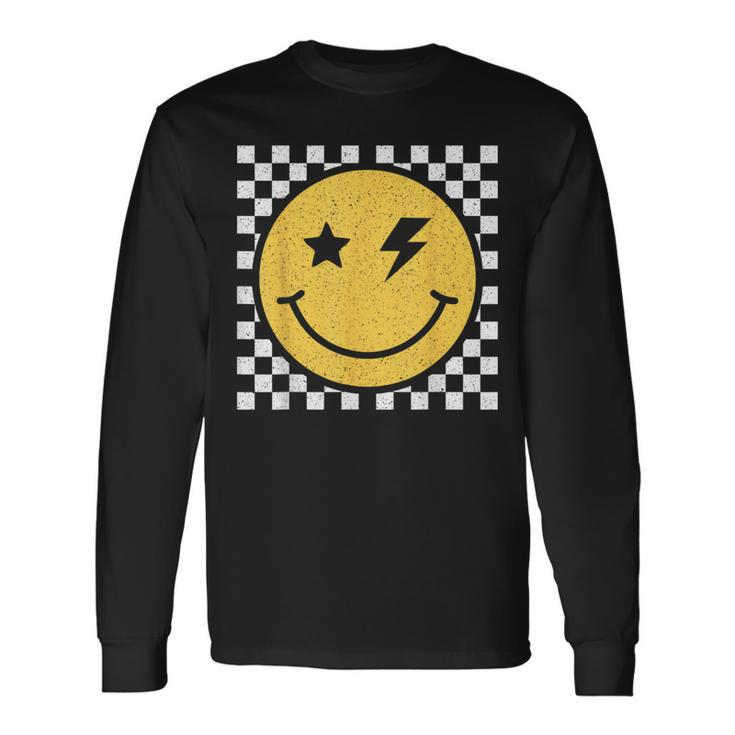 Retro Yellow Happy Face Checkered Pattern Smile Face Trendy Long Sleeve T-Shirt