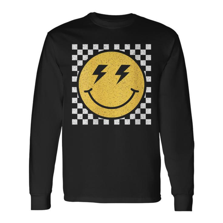Retro Yellow Happy Face Checkered Pattern Smile Face Trendy Long Sleeve T-Shirt