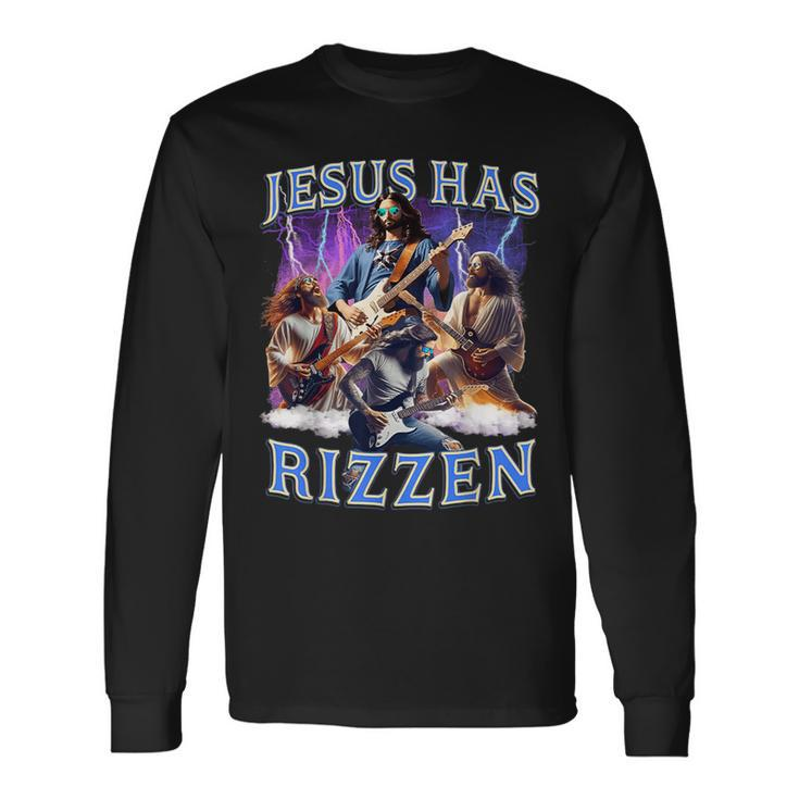 He Is Rizzin Jesus Rocks On Electric Guitar Jesus Has Rizzen Long Sleeve T-Shirt