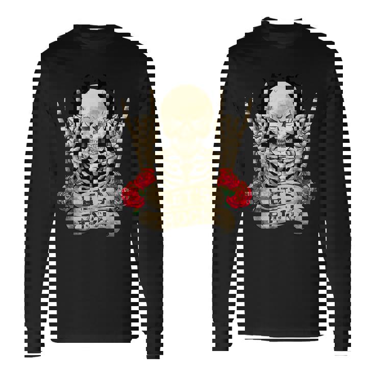 Lets Rock Rock & Roll Esqueleto Manointage Retro Rock Concierto Camiseta de manga larga