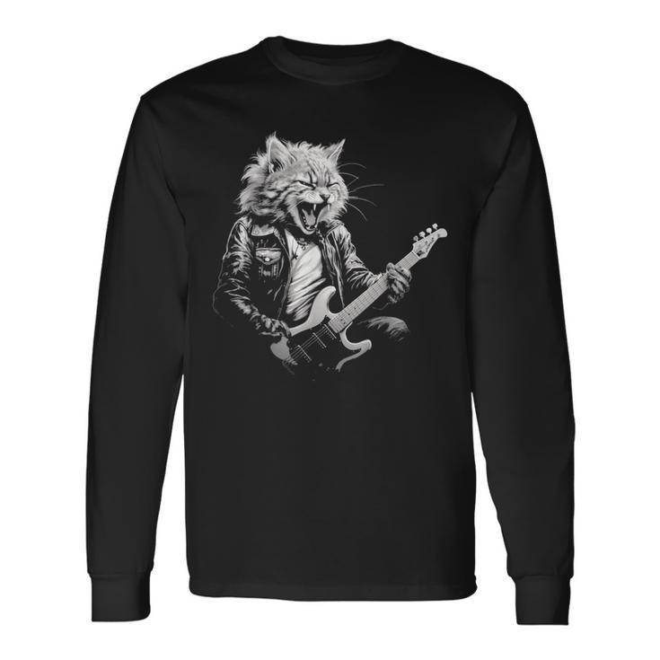 Rock Cat Playing Guitar Guitar Cat Womens Long Sleeve T-Shirt