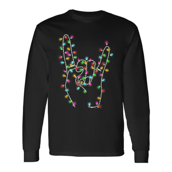 Rock On Hand Christmas Lights Pajamas Ugly Xmas Sweater Long Sleeve T-Shirt