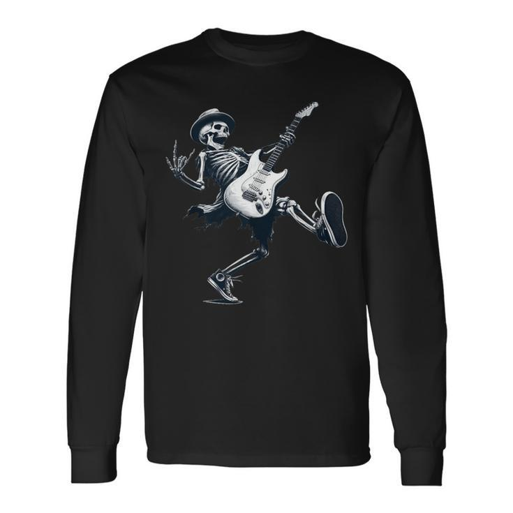 Rock And Roll Graphic Band Skeleton Playing Guitar Long Sleeve T-Shirt