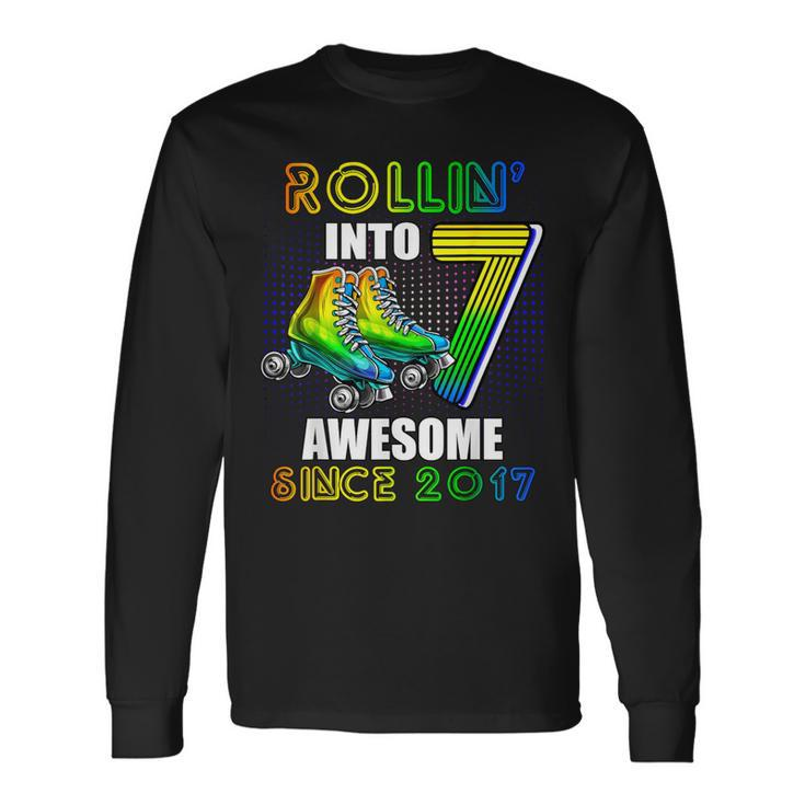 Roller Skating 7Th Birthday Boys Rollin Into 7 Awesome 2017 Long Sleeve T-Shirt