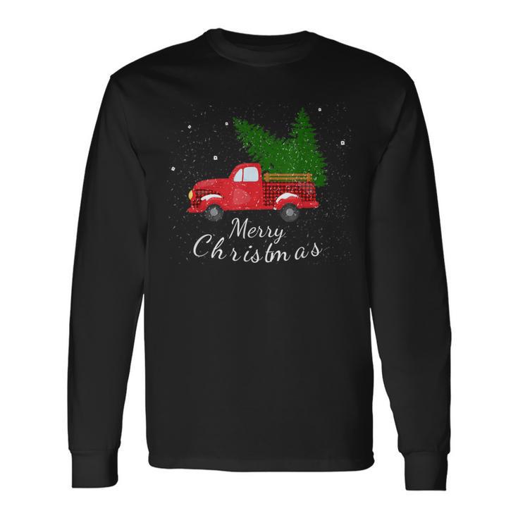 Rustic Retro Farm Car Truck Wagon Christmas Fir Tree Snow Long Sleeve T-Shirt