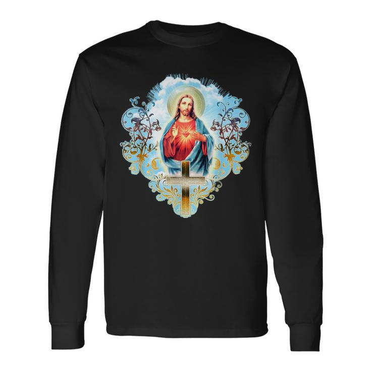 Sacred Heart Of Jesus Christ Vintage Cross Catholic Long Sleeve T-Shirt
