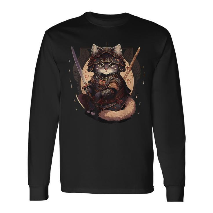 Samurai Cat Warrior Japanese Ninja Cat Kawaii Long Sleeve T-Shirt