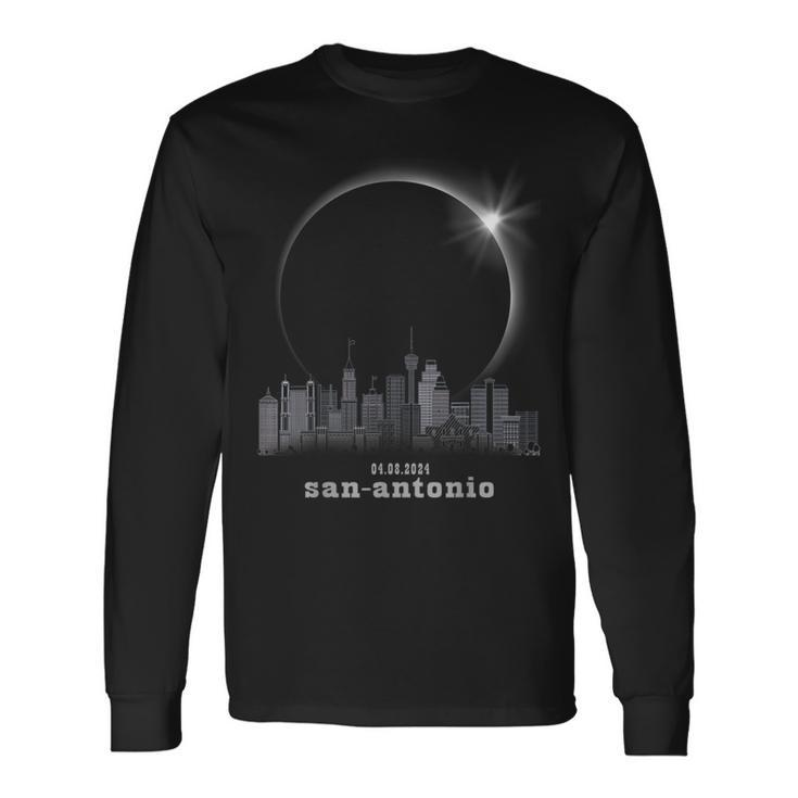 San Antonio Tx Skyline Silhouette Total Solar Eclipse 2024 Long Sleeve T-Shirt