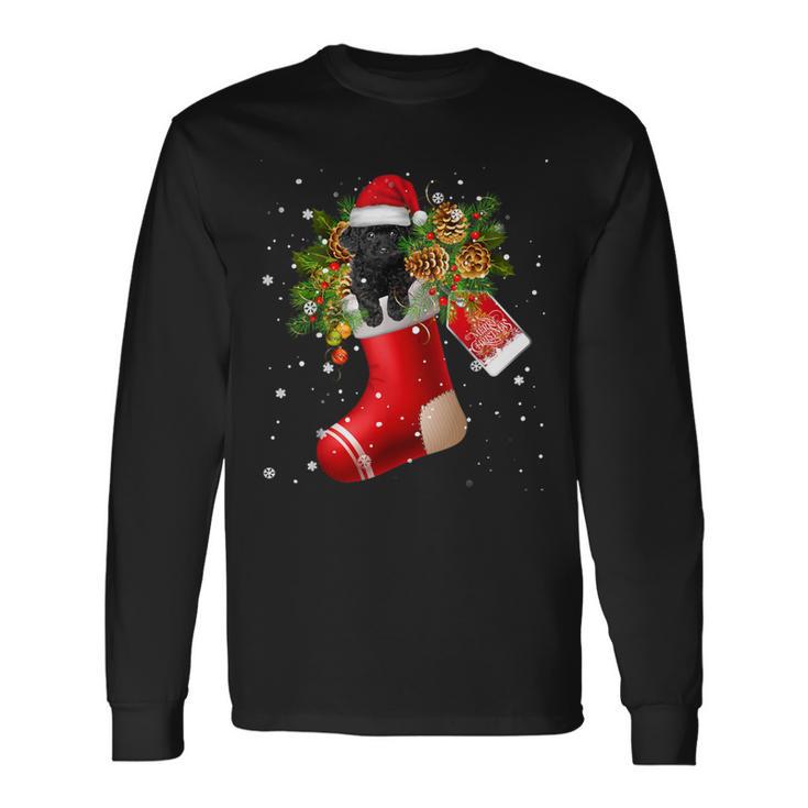 Santa Black Toy Poodle In Christmas Sock Pajama Long Sleeve T-Shirt