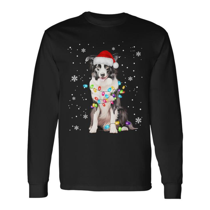 Santa Border Collie Christmas Tree Light Pajama Dog X-Mas Long Sleeve T-Shirt
