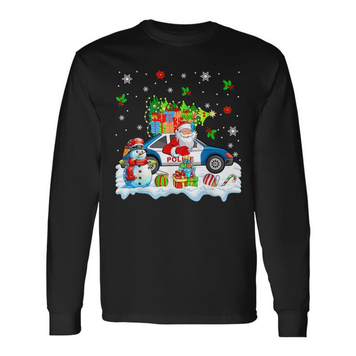 Santa Carrying Christmas Tree On Police Car Snowman Driver Long Sleeve T-Shirt