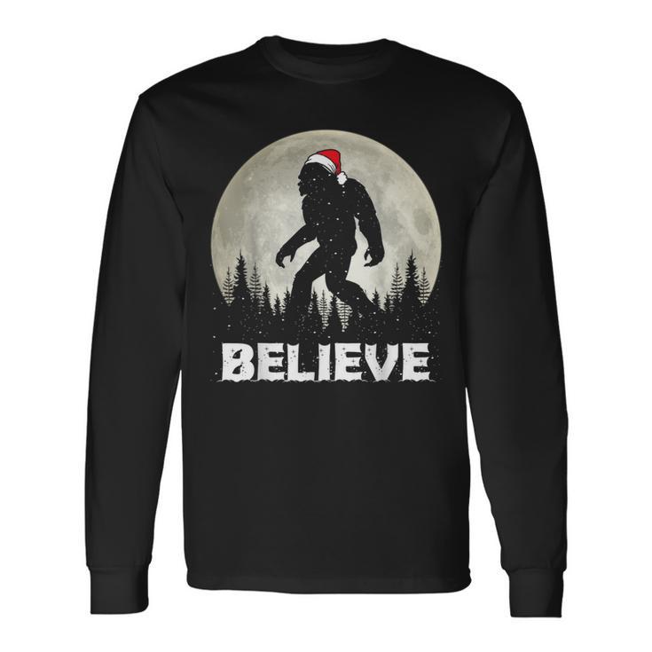 Santa Hat Bigfoot Believe Christmas Lights Rock Sasquatch Long Sleeve T-Shirt