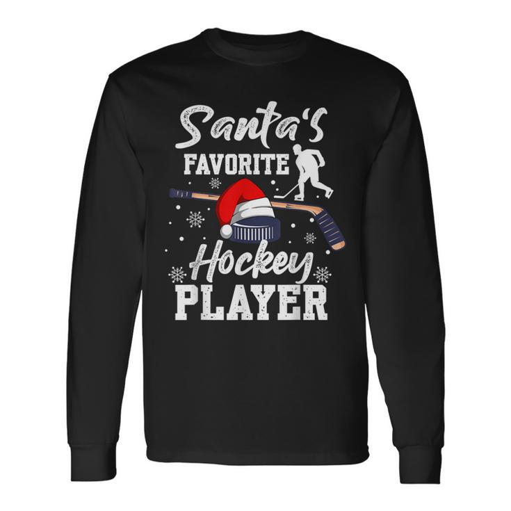 Santa's Favorite Hockey Player Christmas Pajama Hockey Xmas Long Sleeve T-Shirt