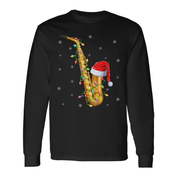 Saxophone Music Lover Xmas Lights Santa Saxophone Christmas Long Sleeve T-Shirt