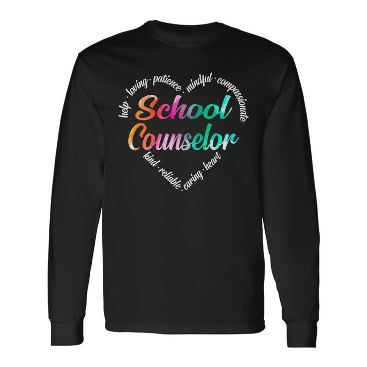 School Counselor Heart Word Cloud Watercolor Rainbow Long Sleeve T-Shirt