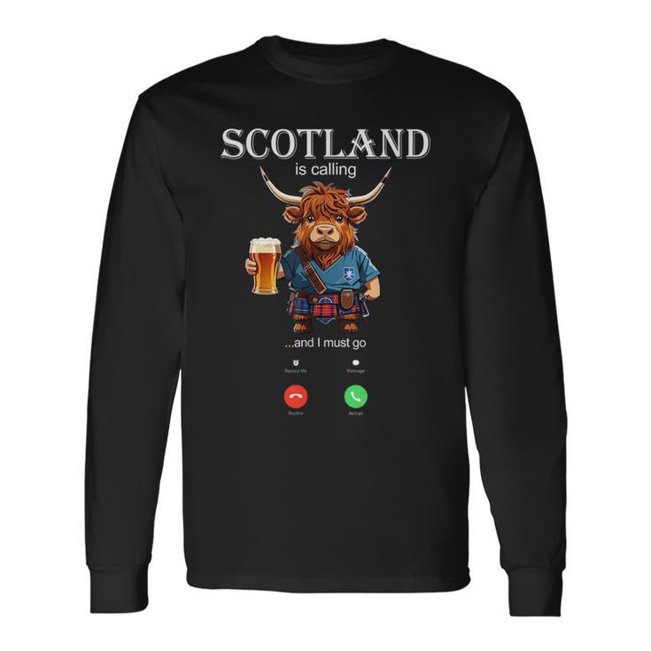 Scotland Is Calling I And I Must Go Highland Cow Scottish Long Sleeve T-Shirt Gifts ideas