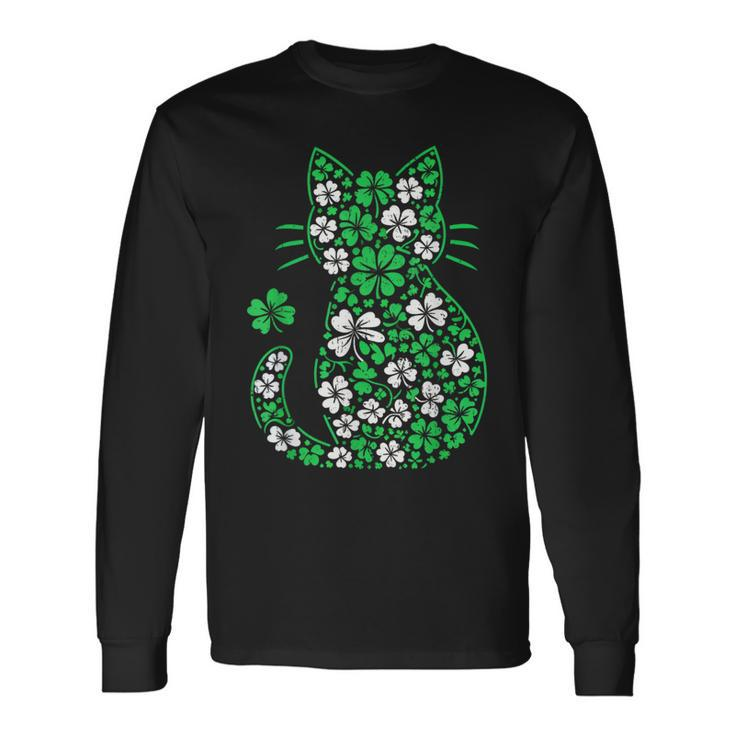 Shamrock Irish Cat Graphic Saint Patrick Day For Cat Lovers Long Sleeve T-Shirt