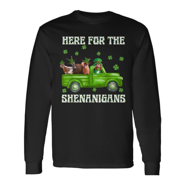 Here For The Shenanigans Leprechaun Goat St Patrick's Day Long Sleeve T-Shirt