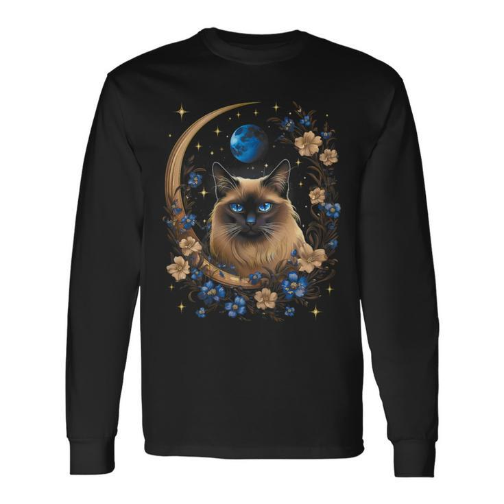 Siamese Cat Moon Surrounded By Flowers Long Sleeve T-Shirt