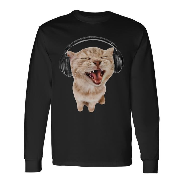 Silly Cat With Headphones Long Sleeve T-Shirt