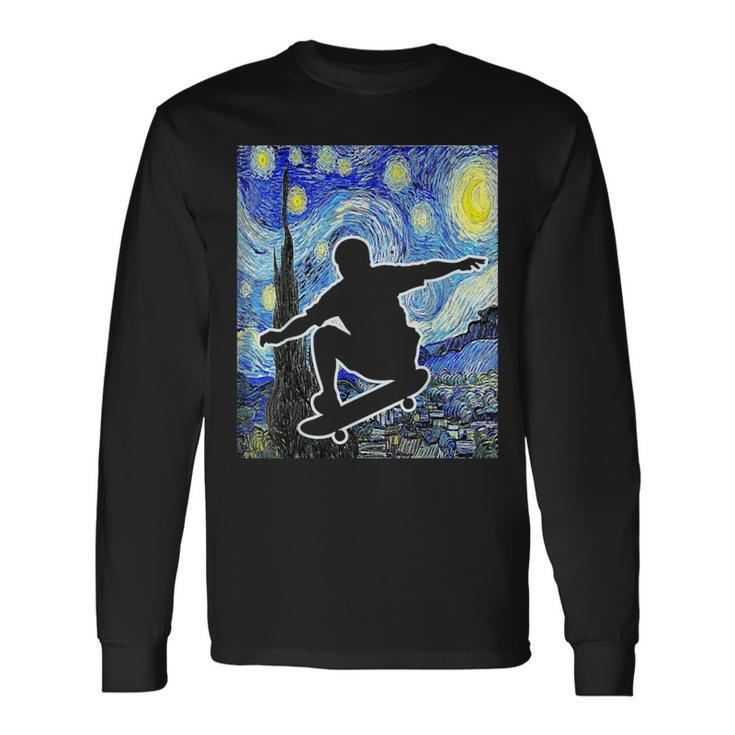 Skateboarding Starry Night Skateboard Van Gogh Long Sleeve T-Shirt