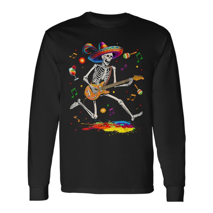 Skeleton Cinco De Mayo Mexican Electric Guitar Player Long Sleeve T-Shirt