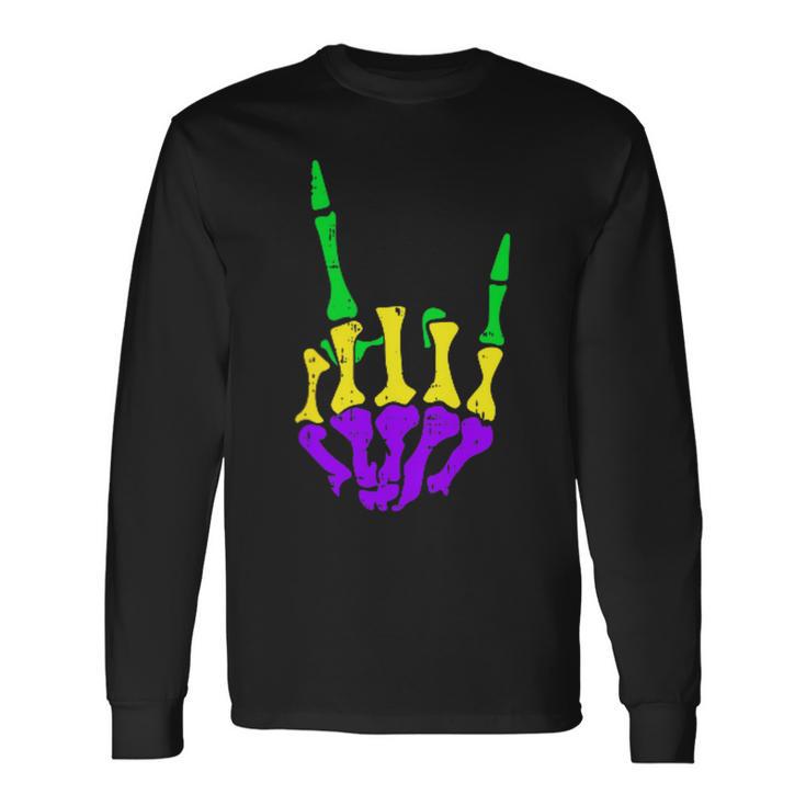 Skeleton Rock Hand Pocket Mardi Gras Bones Music Lover Band Long Sleeve T-Shirt