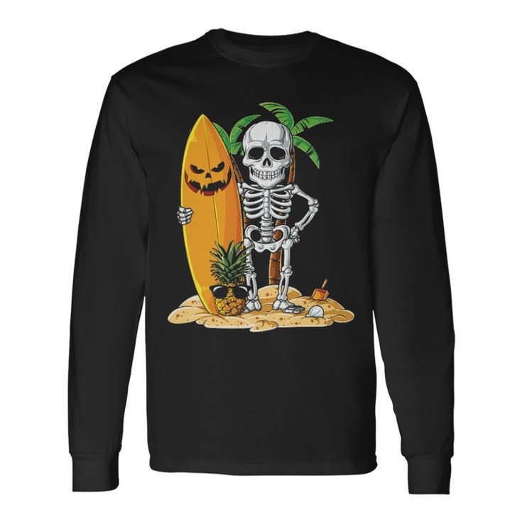 Skeleton Surfing Halloween Hawaii Hawaiian Surfer Long Sleeve T-Shirt