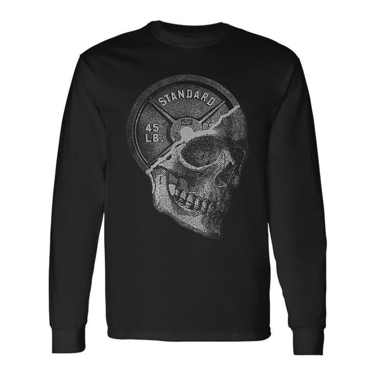 Skull & 45 Lbs Plate Weight Lifting Graphic Gym Working Out Long Sleeve T-Shirt